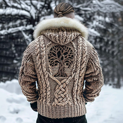 Men's Viking Tribal Tree Of Life Celtic Chunky Knit Fuzzy Hooded Zipper Cardigan artswardrobe