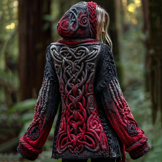 Women's Classic Celtic Knot Aran Cable Hooded Cardigan Sweater elevenforest