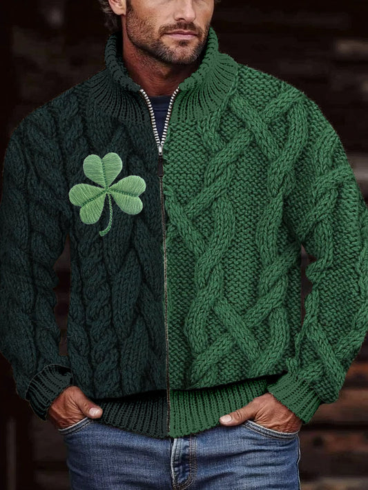 Men's Shamrock Embroidered Jacquard Cozy Zip Cardigan elevenforest