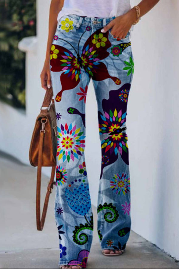 KL | Pantalones acampanados de tiro alto con estampado de imitación