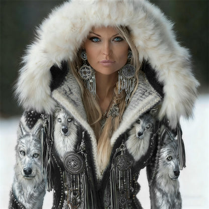 Vintage Western Wolf Turquoise Beaded Tassels Fur Trim Hooded Cardigan artswardrobe