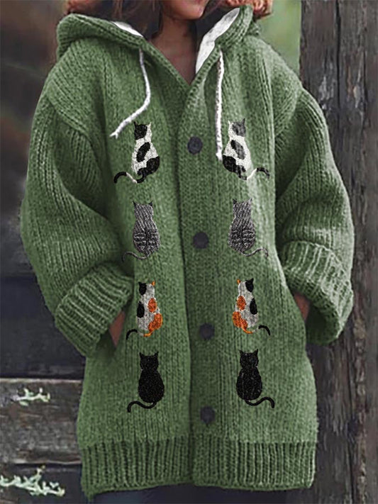 Women's Cat Casual Print Cozy Knit Cardigan elevenforest