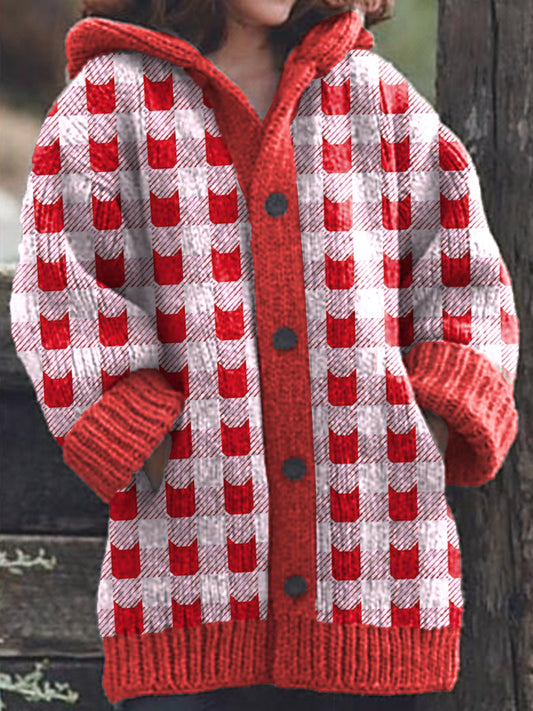 Cute Cat Face Pattern Cozy Knit Hooded Cardigan elevenforest