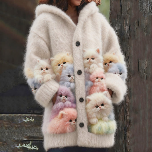 Lovely Fuzzy Colorful Cats Cozy Hooded Cardigan elevenforest