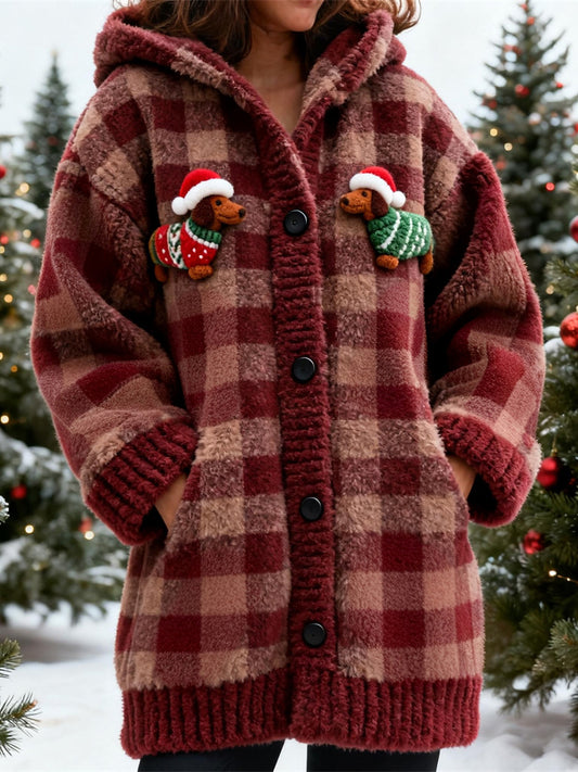 Christmas Puppy Theme Women's Hooded Plush Cardigan