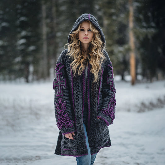 Women's Viking Celtic Knot Art Warm Knit Hooded Jacket artswardrobe