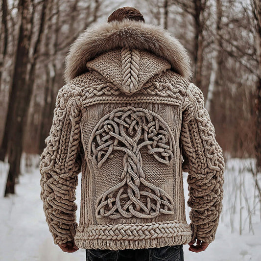 Men's Viking Tree Of Life Celtic Knit Fuzzy Hooded Zipper Cardigan artswardrobe