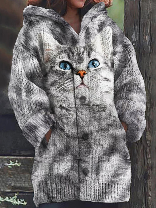 Cute Gray Cat Print Women's Hooded Cardigan elevenforest