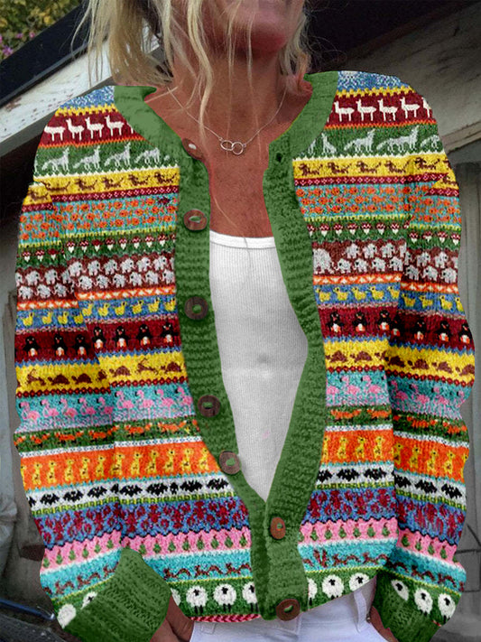 Vintage Animals Stripe Pattern Cozy Knit Cardigan elevenforest