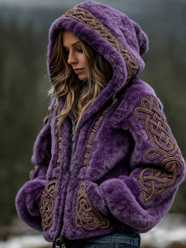 Comstylish Women's Viking Celtic Art Cozy Warm Flannel Hooded Jacket