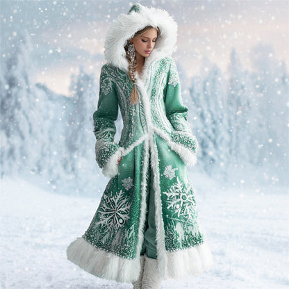 Comstylish Christmas Fashion Snowflake Pattern Women's Plush Coat