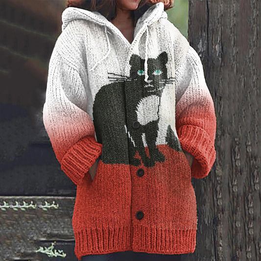 Vintage Cute Black Cat Gradient Knitted Warm Cardigan Sweater elevenforest