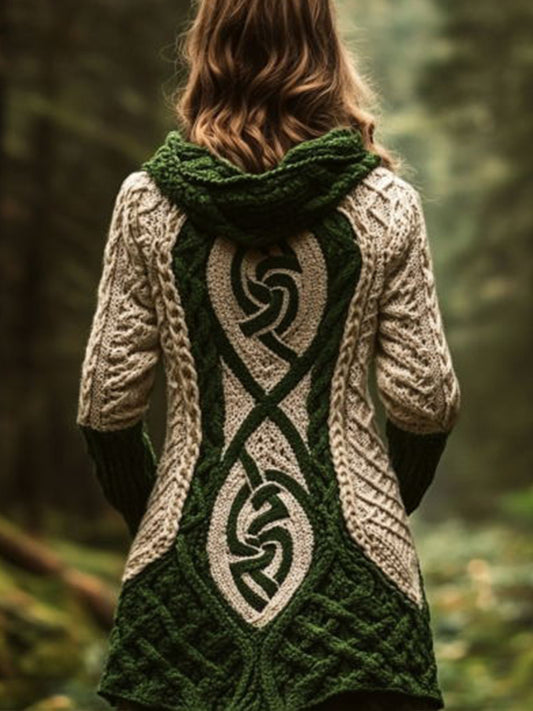 Women's Celtic Knot Contrast Color Cozy Knit Hooded Cardigan elevenforest