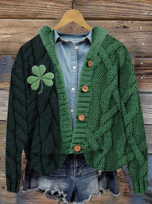 Irish Shamrock Embroidered Jacquard Cozy Hooded Cardigan elevenforest
