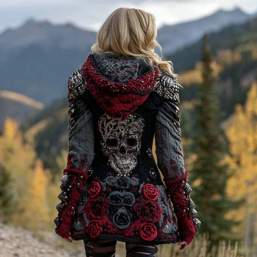 Women's Skull And Rose Inspired Knitted Cozy Hooded Cardigan elevenforest