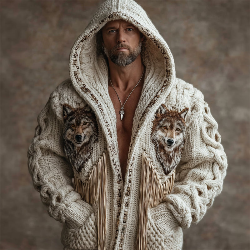 Men's Vintage Western Wolf Tassels Chunky Hooded Cardigan artswardrobe