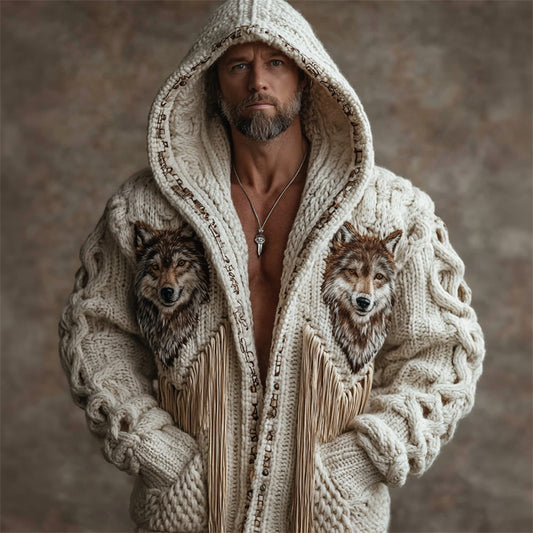 Men's Vintage Western Wolf Tassels Chunky Hooded Cardigan artswardrobe