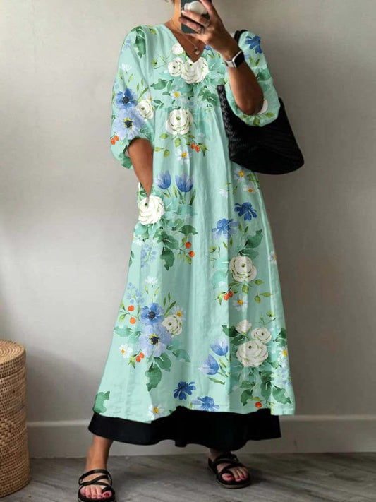 Women's Artistic Rose Holiday Floral Pattern Cotton Dress