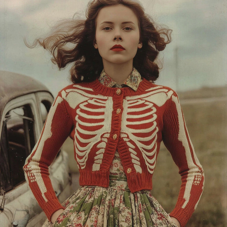 Women's Vintage Skull Ribs Pattern Cozy Knit Sweater Cardigan artswardrobe