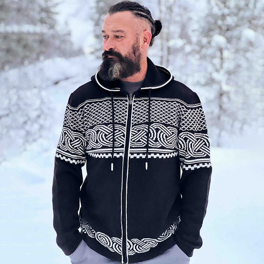 Men's Viking Art Jacquard Knitting Hooded Cardigan elevenforest