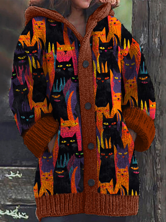 Colorful Cat Pattern Cozy Hooded Cardigan elevenforest
