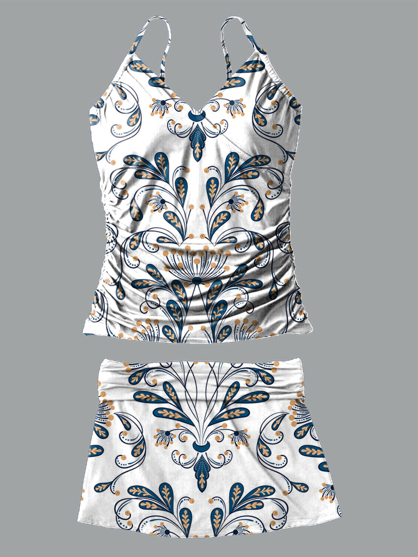 Retro Flower V-Neck Vintage Flowers Print Suspender Skirt Tankini Pantskirt Set Swimsuit