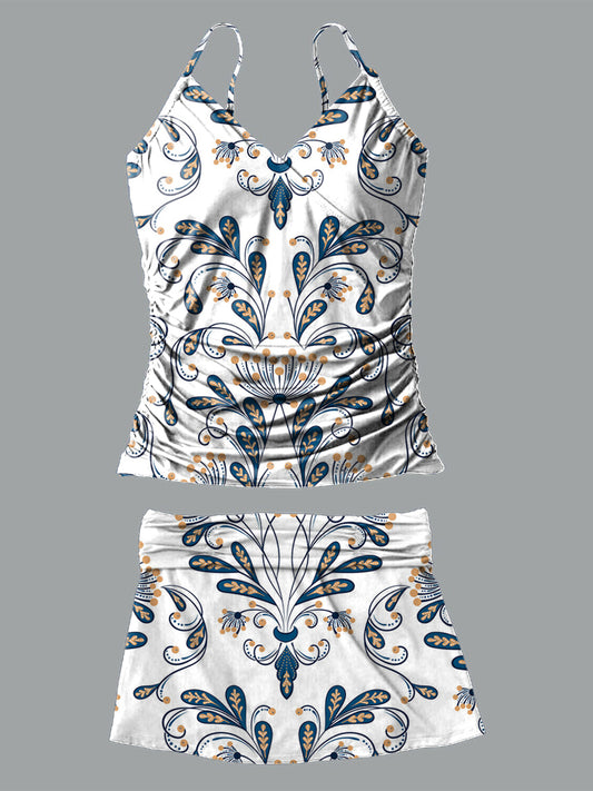 Retro Flower V-Neck Vintage Flowers Print Suspender Skirt Tankini Pantskirt Set Swimsuit