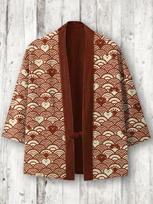 Vintage Japanese Cats Print Cozy Linen Blend Kimono Cardigan elevenforest