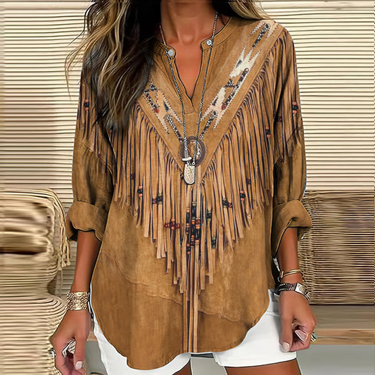 Comstylish Vintage Western Tassels Print Loose Casual Cotton Linen Shirt