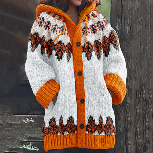 Retro Fallen Leaves Inspiration Icelandic Cozy Hooded Knitted Cardigan elevenforest