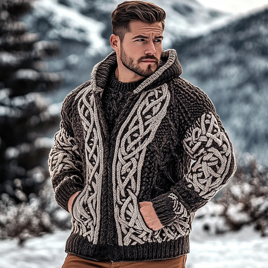 Men's Viking Cable Jacquard Chunky Knit Cozy Cardigan Sweater elevenforest