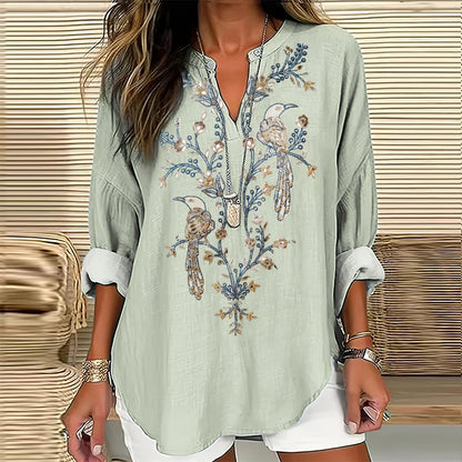 Comstylish Women's Embroidered Birds And Flowers V-neck Linen Blend Loose Blouse