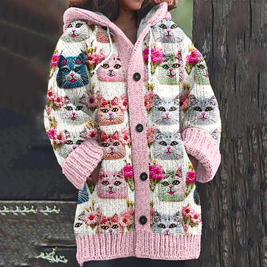 Abstract Colorblock Floral Cats World Art Pattern Cozy Cardigan Sweater elevenforest