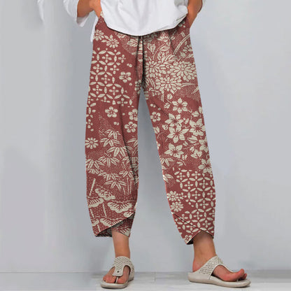 Comstylish Vintage Japanese Art Flower Print Casual Pants