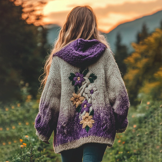 Women's Purple Flowers Gradient Chunky Knit Hooded Cardigan elevenforest