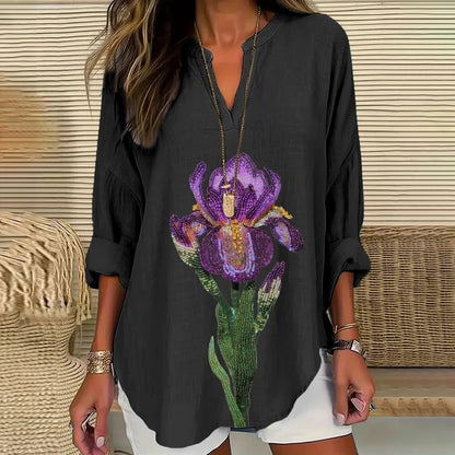 Comstylish Women's Purple Flower Art Casual V Neck Shirt