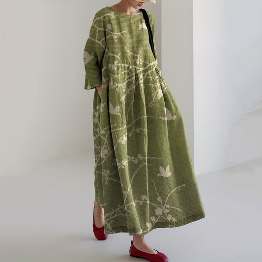 Comstylish Japanese Art Flower Print Loose Casual Midi Dress