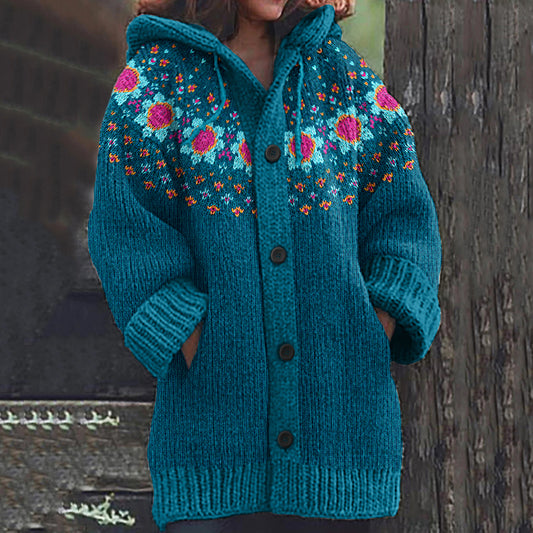 Vintage Tribal Floral Icelandic Knit Pattern Cozy Cardigan Sweater elevenforest