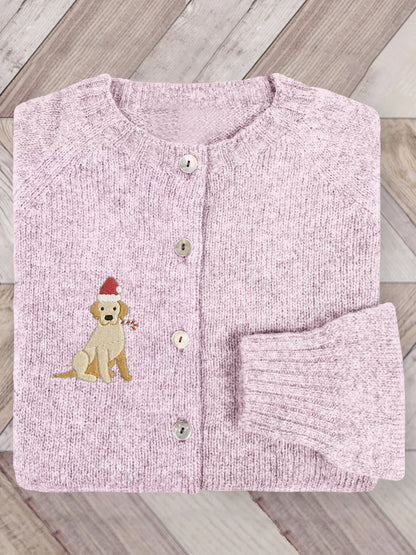Comstylish Cute Christmas Dog Embroidered Cozy Knit Cardigan