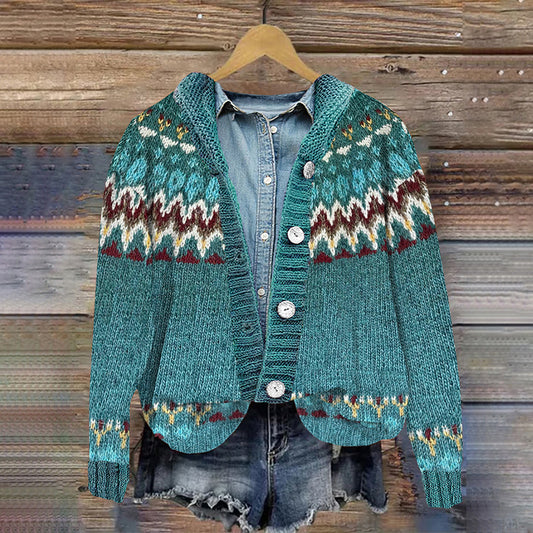 Retro Wave Print Hooded Button-Down Cardigan elevenforest