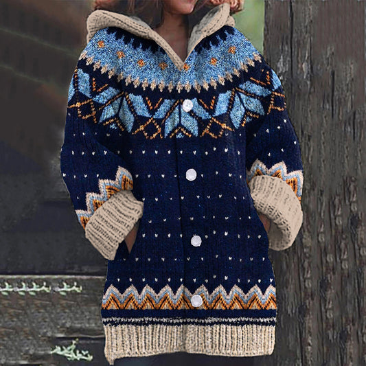 Vintage Icelandic Ethnic Print Long Sleeve Knitted Hooded Cardigan elevenforest