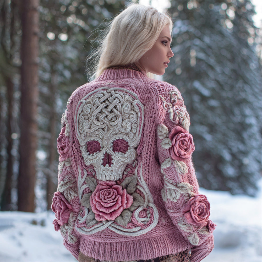 Viking Skull & Rose Art Women's Knit Cardigan artswardrobe