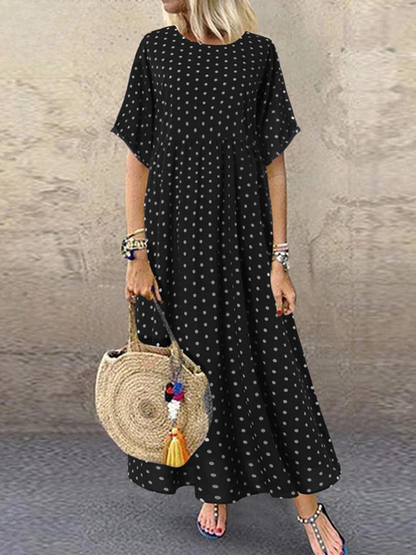 KL | Polka Dot Ladies Midi Dress Bohemian Holiday Short Sleeve O-Neck Long Robe Vintage Loose Casual A-line Vestidos Summer