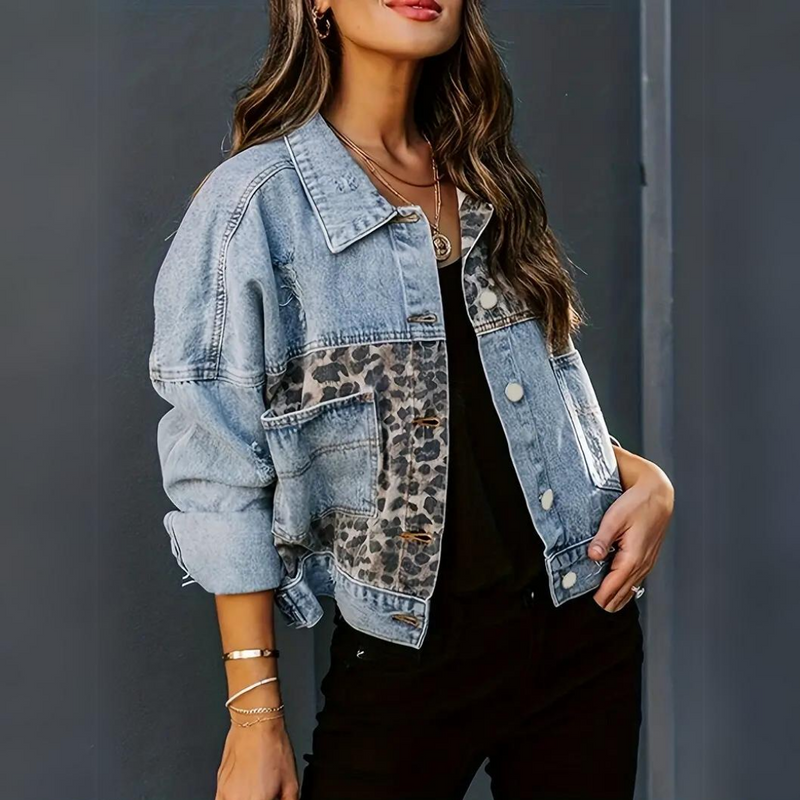 CM | Chaqueta vaquera de moda para mujer con estampado de leopardo