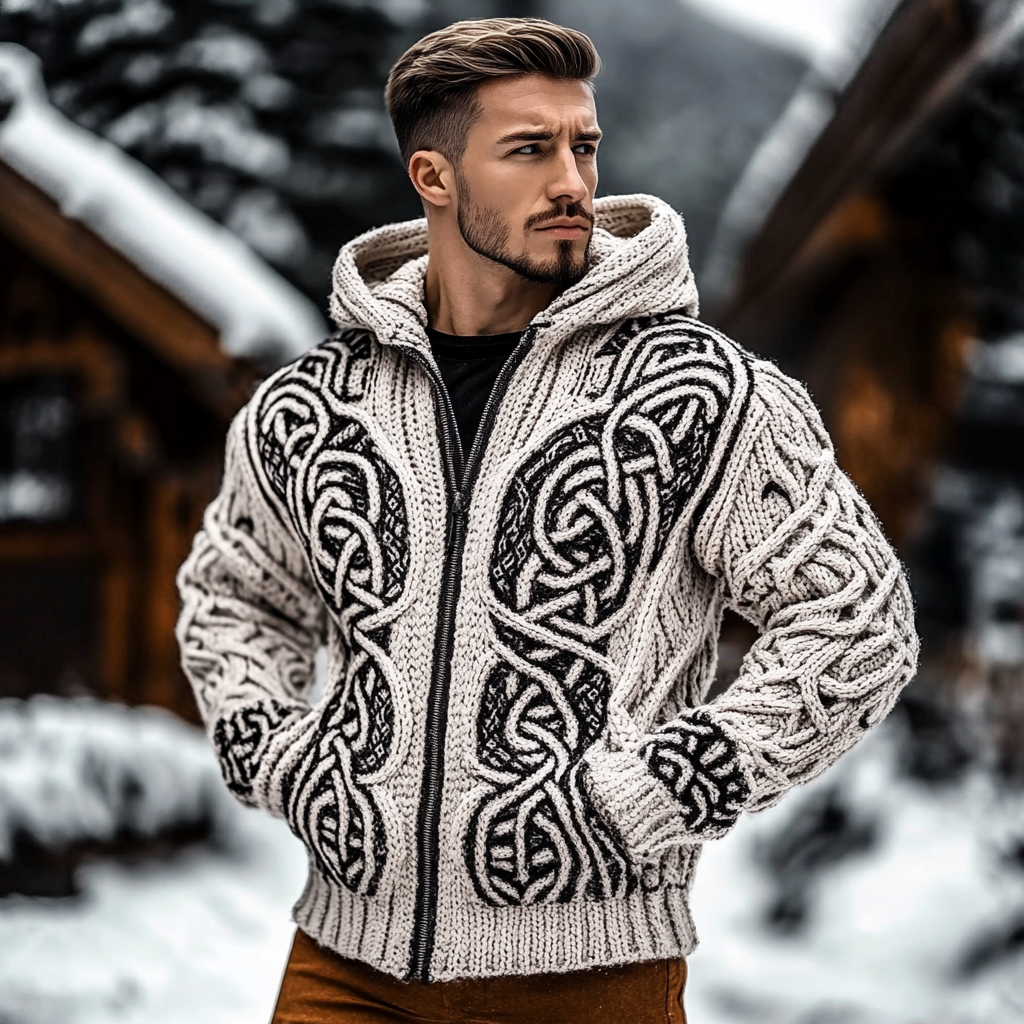 Men's Viking Tribal Jacquard Celtic Style Chunky Knit Hooded Cardigan Sweater elevenforest