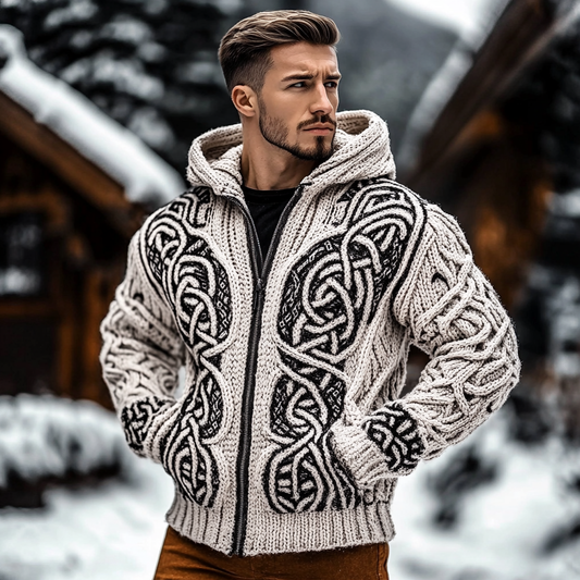 Men's Viking Tribal Jacquard Celtic Style Chunky Knit Hooded Cardigan Sweater elevenforest