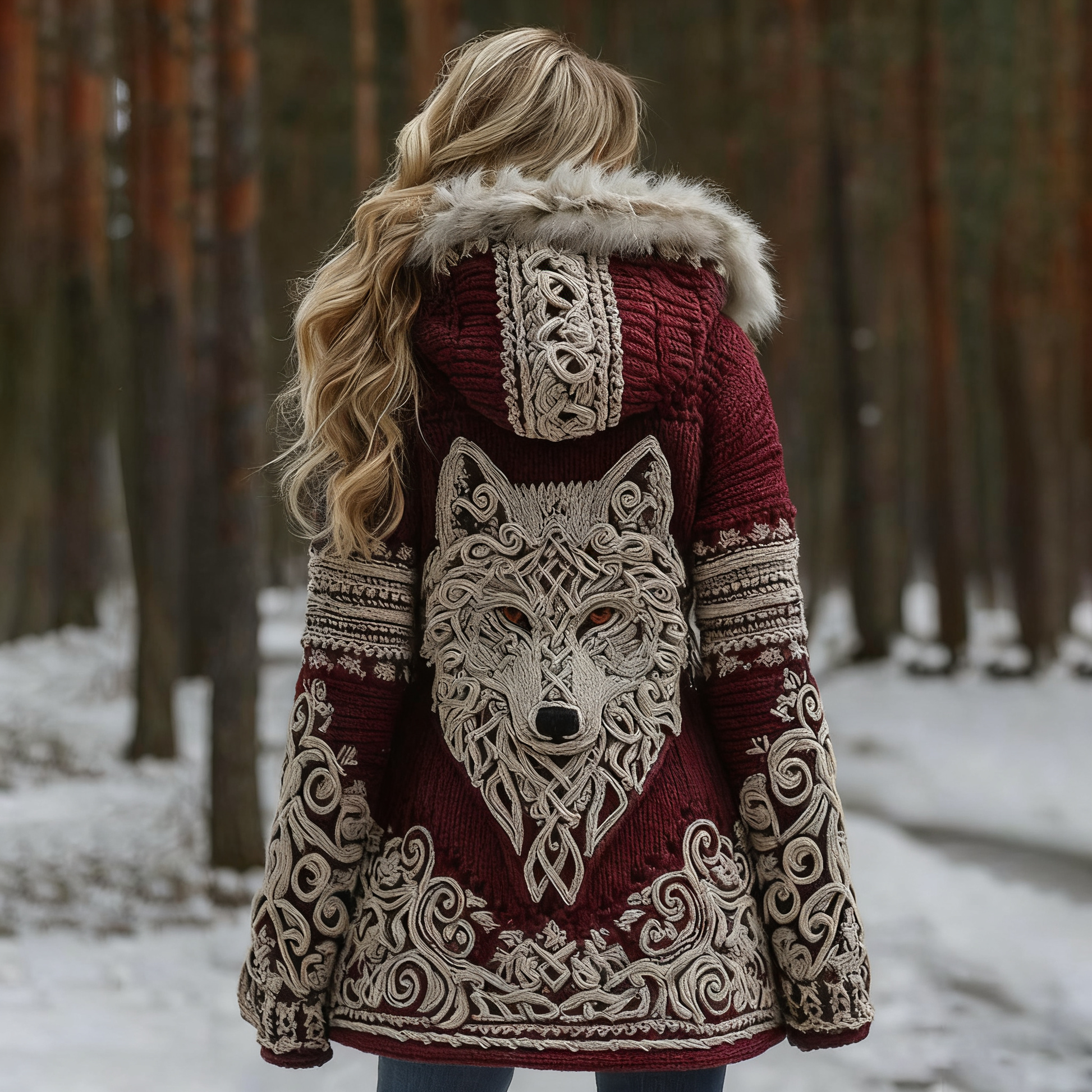 Women Viking Wolf Celtic Knot Art Cozy Fur Collar Hooded Cardigan artswardrobe