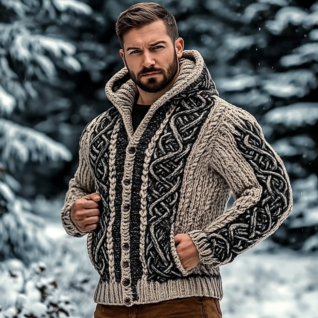 Men's Viking Jacquard Chunky Knit Comfort Cardigan Sweater elevenforest
