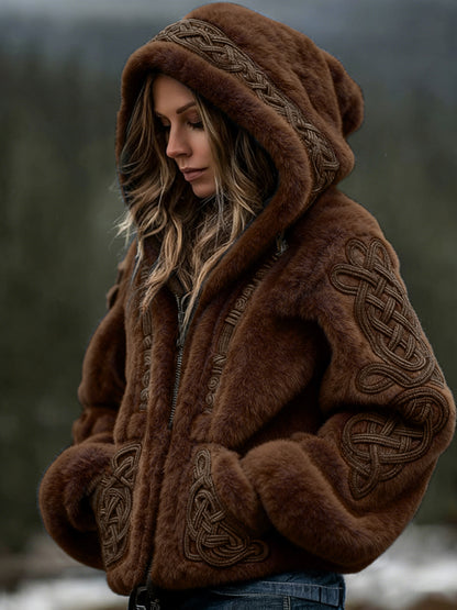 Comstylish Women's Viking Celtic Art Cozy Warm Flannel Hooded Jacket