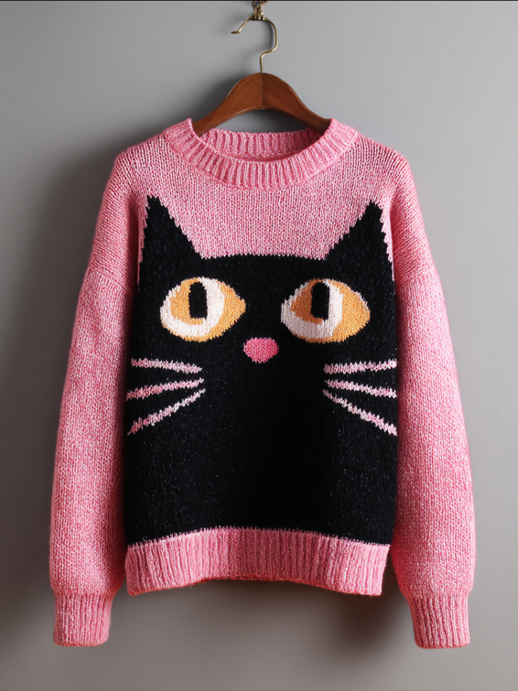 Jersey de algodón con motivo de carita de gato negro